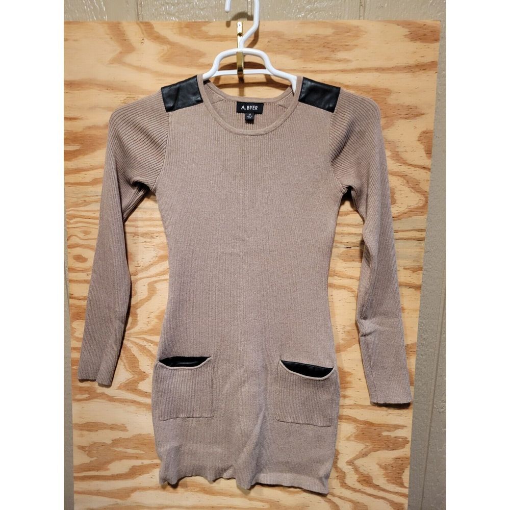 A.BYER Junior‎ Girls Teens Knit Sweater Dress Size Medium Sleeve  Brown Stretch